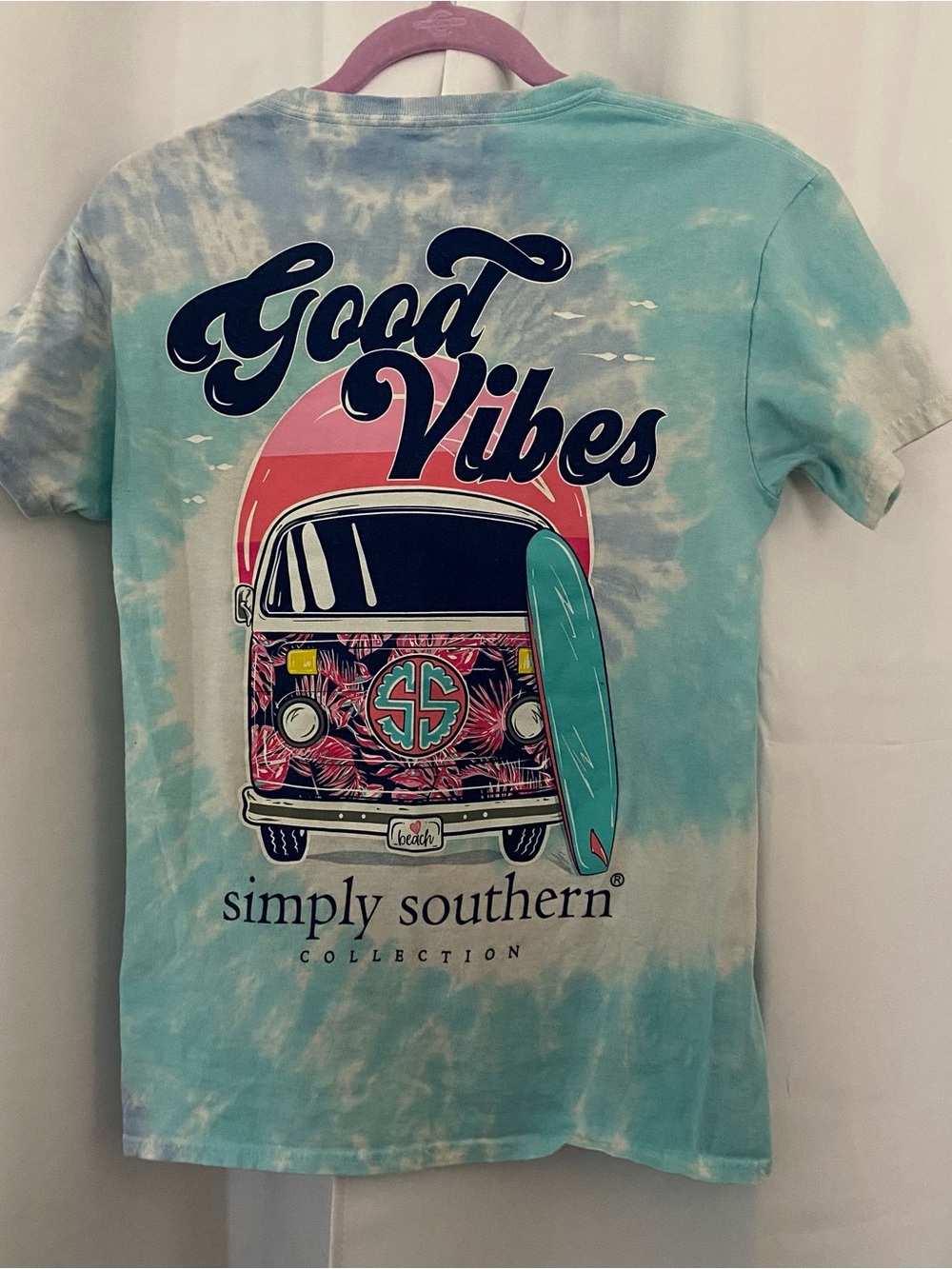 Simply Southern VW Bus Good Vibes Tee Shirt Women’s S Blue Tie Dye Boho Western